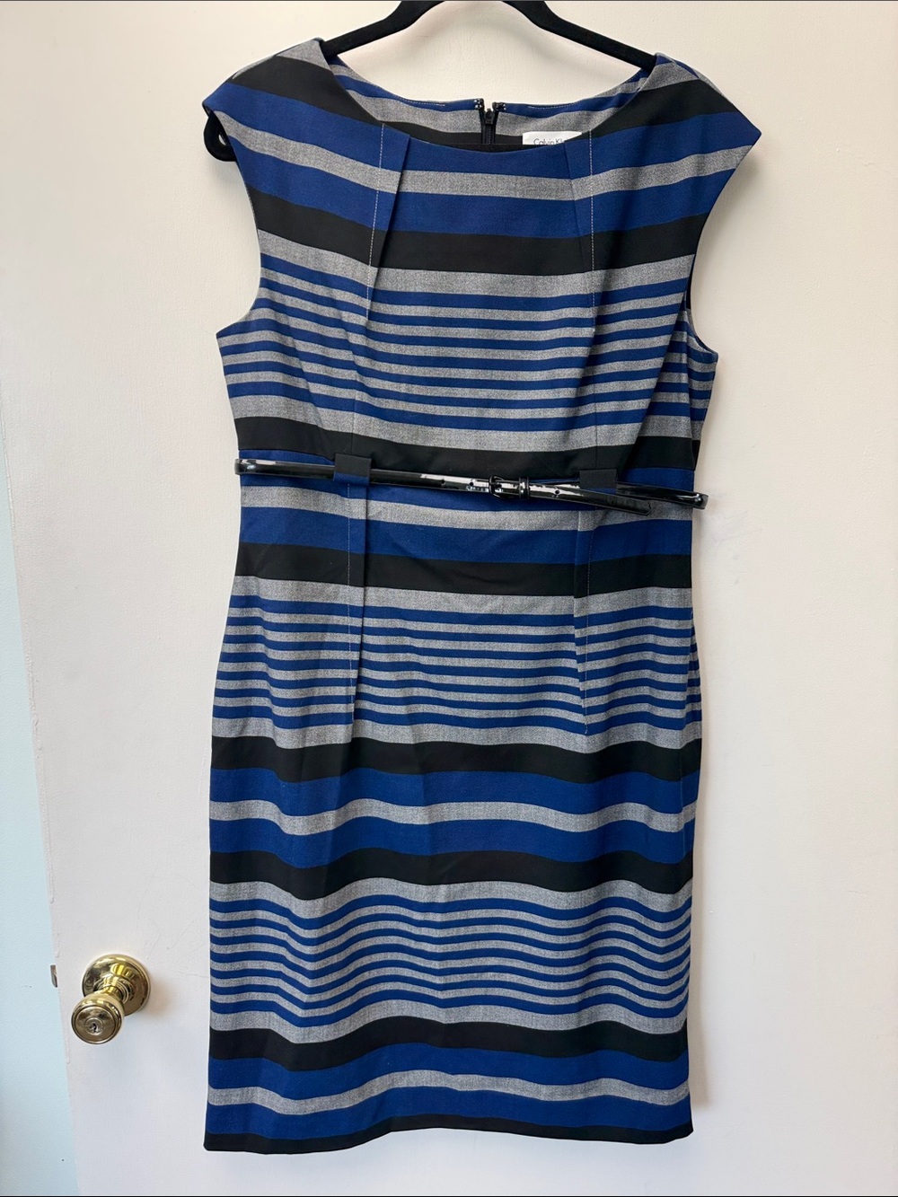 Calvin Klein Blue, Black and Gray Striped Midi Sheath Dress with Waist Belt